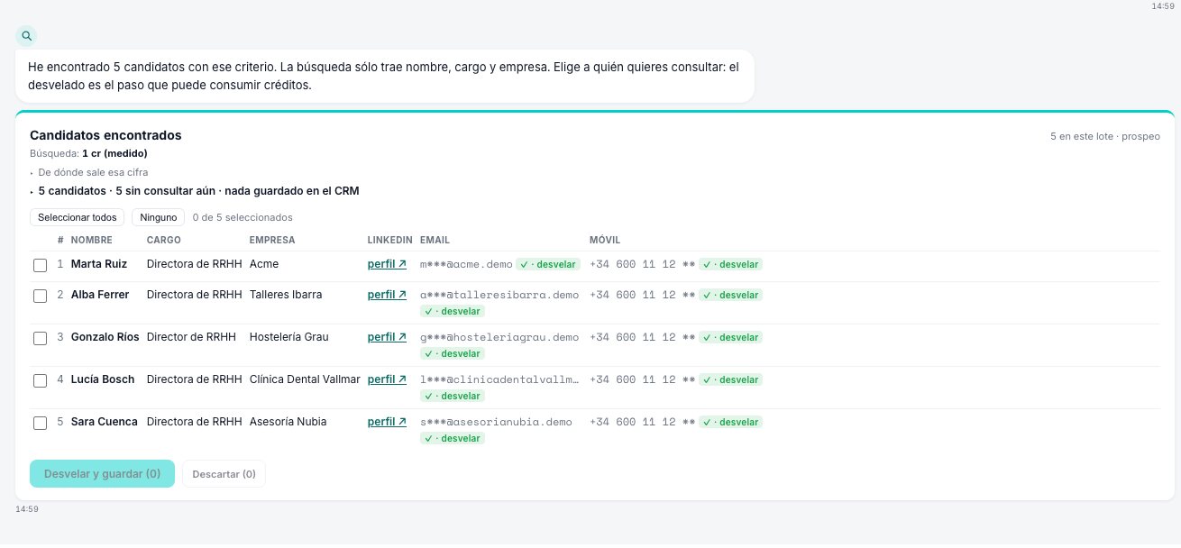 Resultados de Johnny DeepSearch en modo demo: cinco candidatos con nombre, cargo y empresa, y el email y el móvil ocultos hasta desvelarlos.