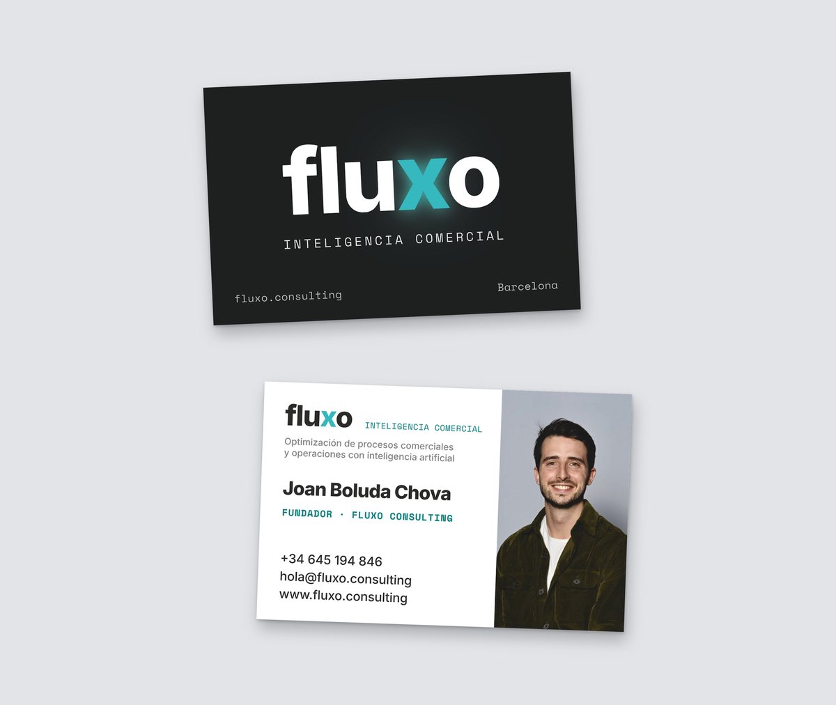 Tarjeta de visita de Fluxo hecha con Fluxo Imprenta: anverso negro con el logo y reverso blanco con la foto, el nombre y los datos de contacto.
