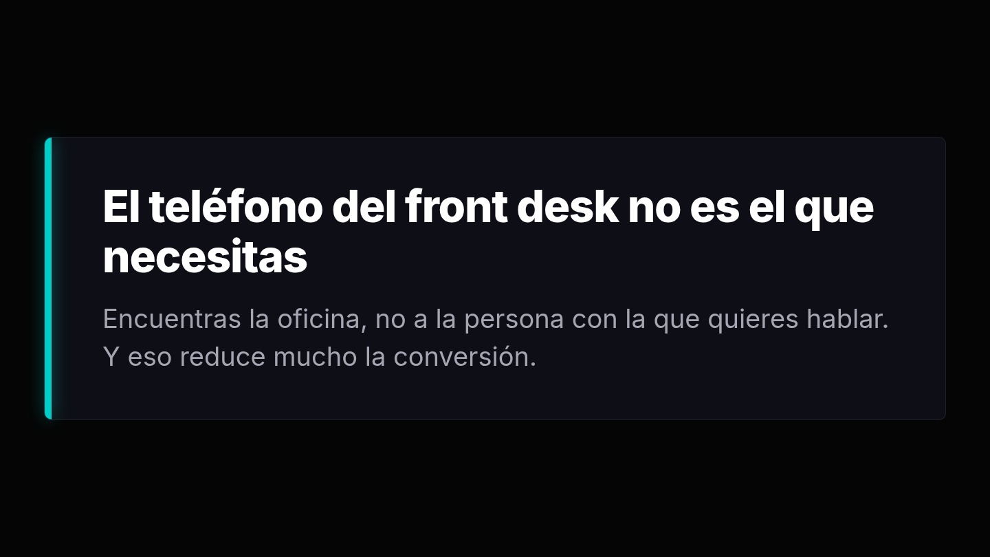 Tarjeta oscura con una franja cian a la izquierda y el texto «El teléfono del front desk no es el que necesitas. Encuentras la oficina, no a la persona con la que quieres hablar. Y eso reduce mucho la conversión.»
